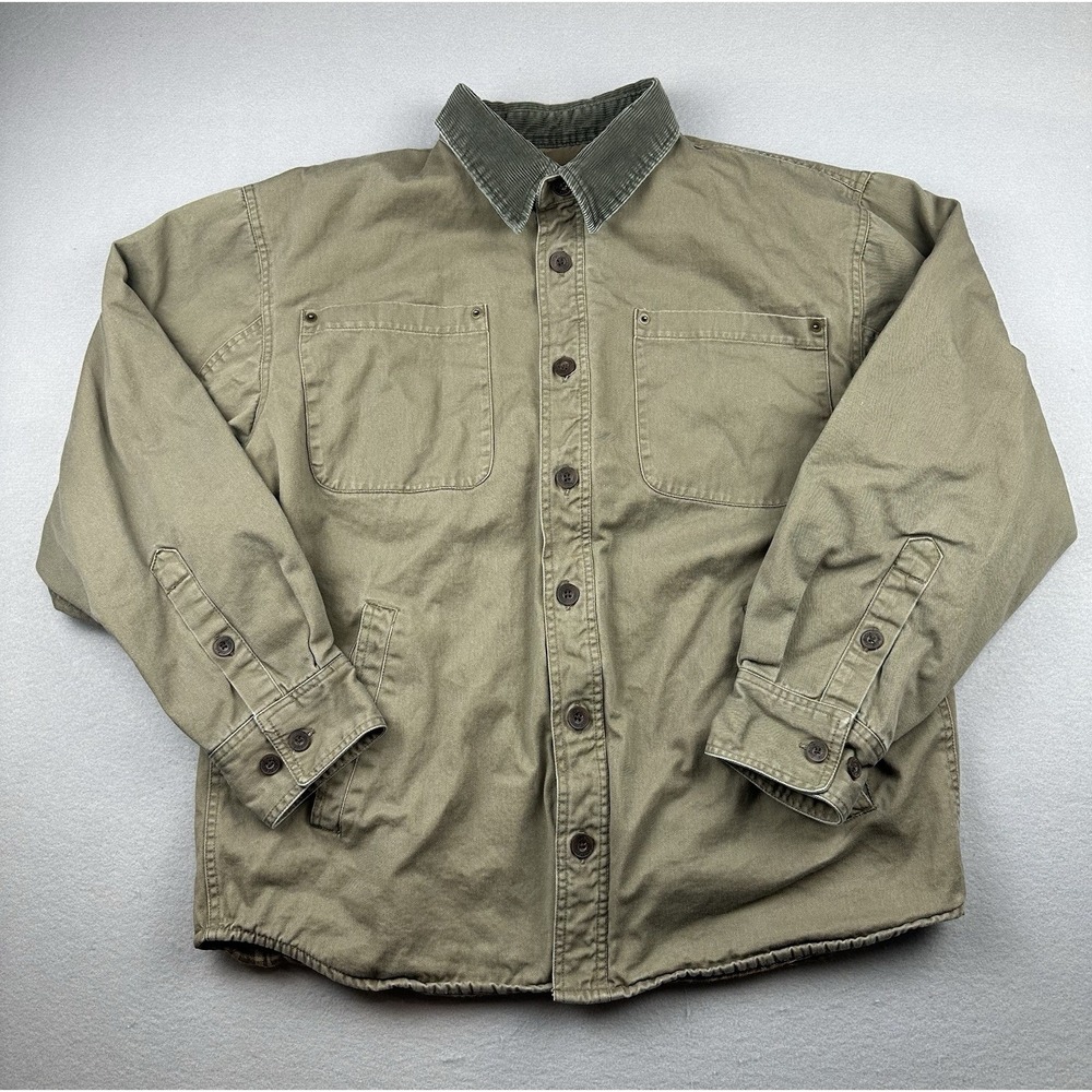 Cabela's Olive Green Canvas Barn Coat Jacket Mens L Corduroy Collar Plaid Lined